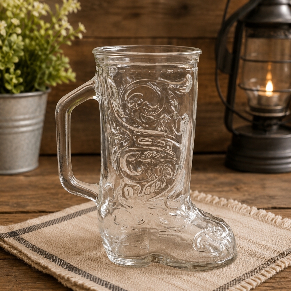 Vintage Clear Glass Cowboy Boot Mug Embossed Western Scroll Beer Stein 6"